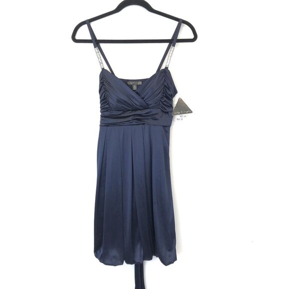 City Triangles Size M Navy Blue Sleeveless Ruched Party Dress Rhinestone Straps - Picture 1 of 7